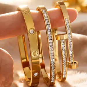3Piece Waterproof Titanium Steel Bracelet Set, 18K Gold Plated Luxury Zirconia Couple Bangles, Durable No Fade Fashion Jewelry