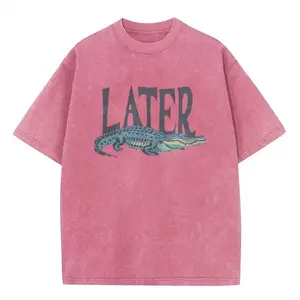 Retro Alligator Graphic Tee, Pink Acid Wash Weird Girl Shirt, Oversized Boxy Cotton Top, Whimsical Vintage Streetwear