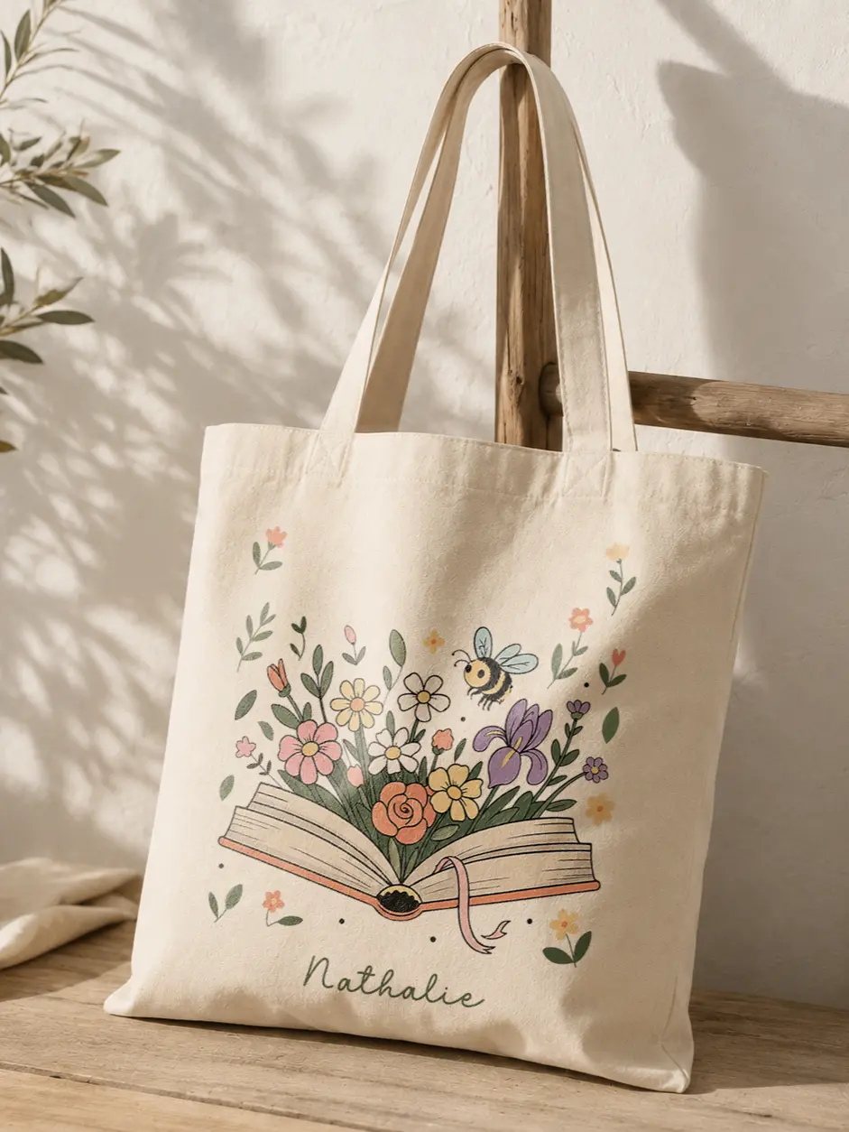 Women's Personalized Floral Bee Book Art Casual Tote Bag - Reusable Canvas, Open Top, Shoulder Strap, Soft Girl Cottagecore Aesthetic, Custom Spring Reading Gift for Readers