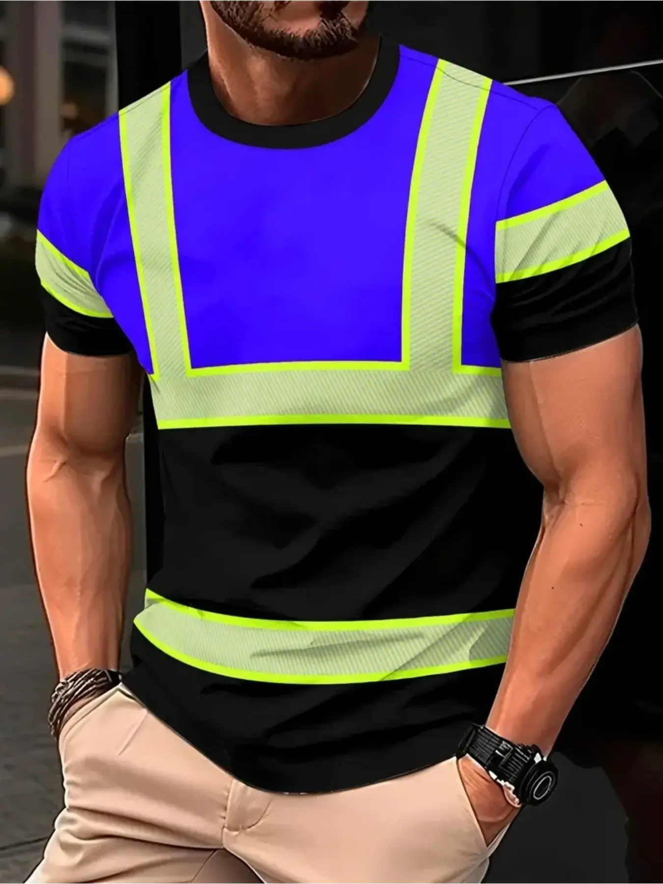 Men's casual T-shirt - Color-matched stripes design, Reflective Safety, breathable short-sleeved round-neck, machine washable, suitable for outdoor activities such as mountain climbing and rock climbing, comfortable fit shirt
