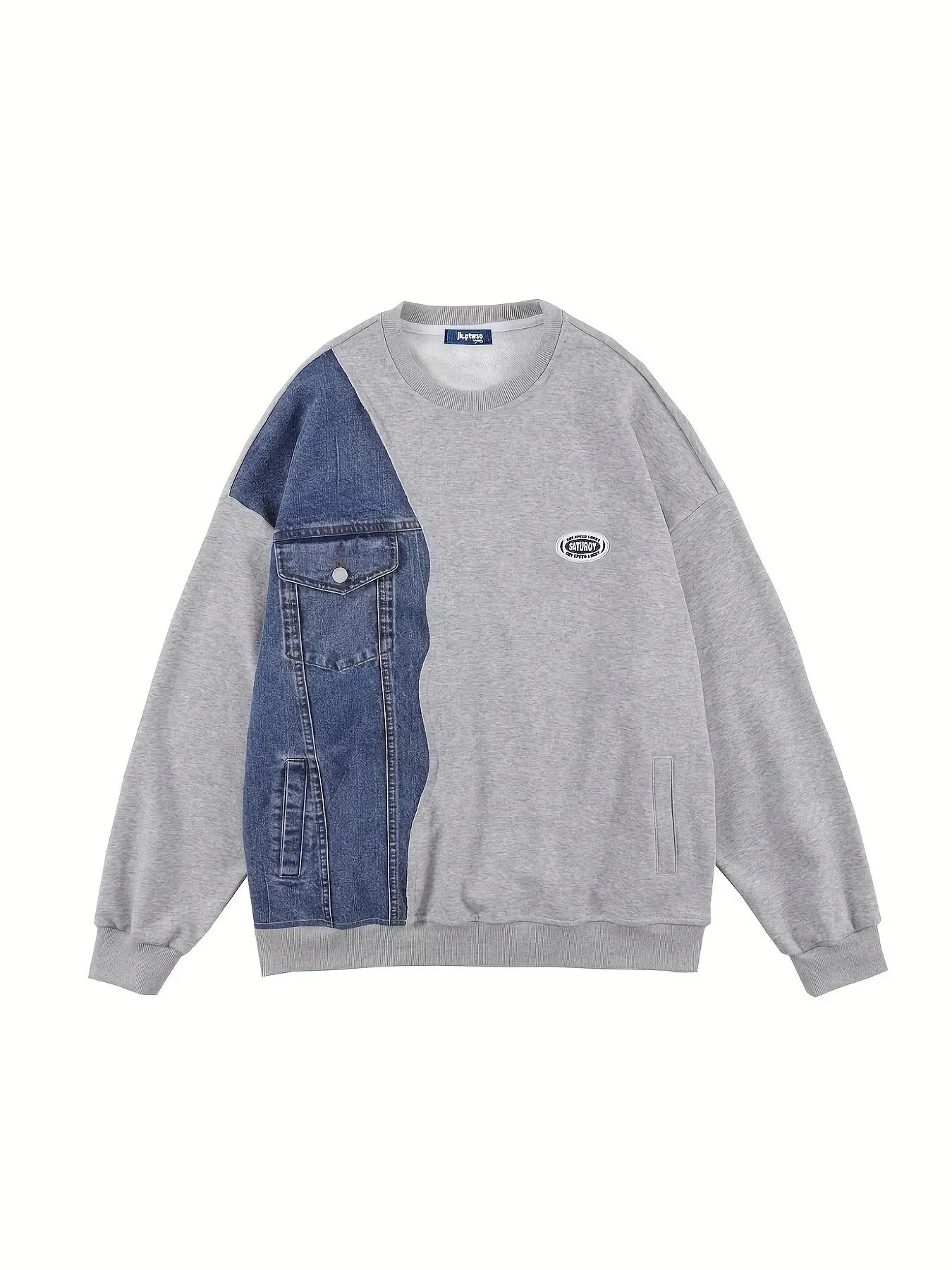 Men's Denim Patchwork Print Sweatshirt, Casual Streetwear Sweatshirt, Loose Casual Fashion Long Sleeve Crew Neck Pullover for Daily Wear, Men's All Seasons Clothes