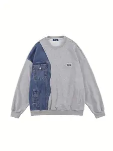 Men's Denim Patchwork Print Sweatshirt, Casual Streetwear Sweatshirt, Loose Casual Fashion Long Sleeve Crew Neck Pullover for Daily Wear, Men's All Seasons Clothes