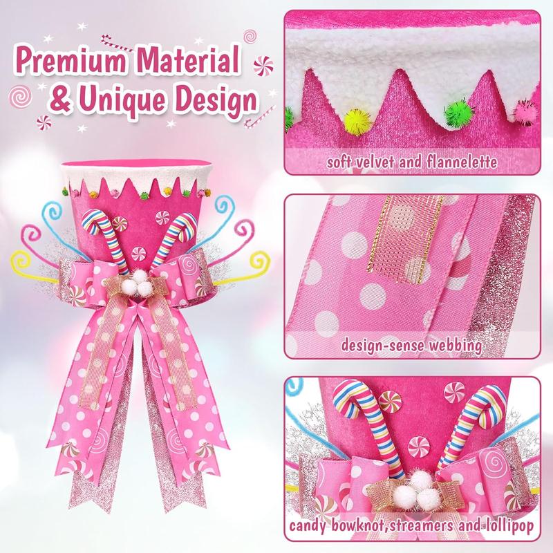 Candy Cane Christmas Tree Topper,Candy Cane Christmas Decorations,Velvet Pink Hat with Peppermint Bows Ribbon Ornaments,Top Hat Christmas Tree Topper for Holiday Xmas Decorations (Pink)