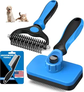 Professional 3PCS Self Cleaning Slicker Brush & Pet Grooming Rake & Flea Comb for Dogs,Cats and Horses | Double-Sided Dematting Comb & Skin Friendly Deshedding Grooming Tool | Pet Supplies (Blue)