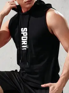 Men's Regular Fit Letter Print Hooded Tank Top, Casual Sleeveless Hoodie Vest for Summer, Fashion Men's Clothes for Gym Workout Running, Gymwear