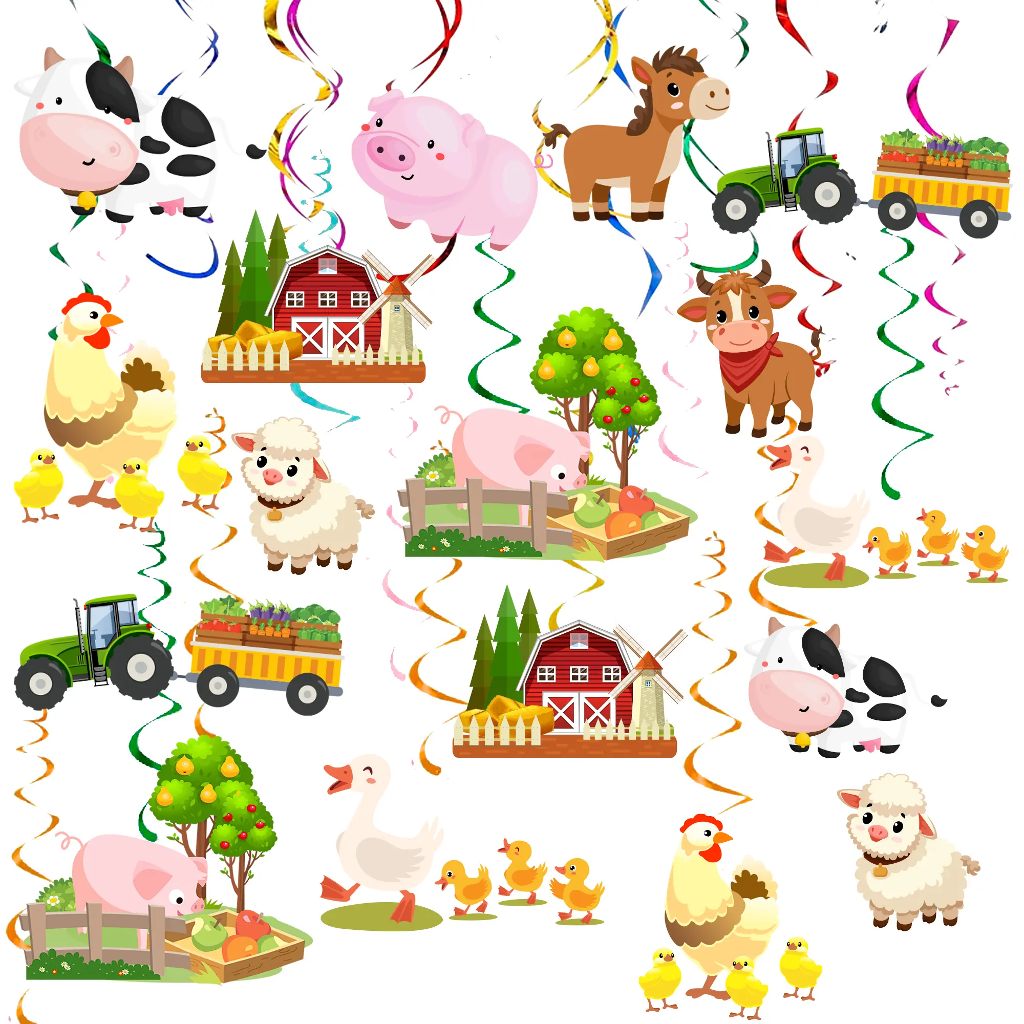 Farm Birthday Hanging Swirls for Farm Animals Party Decorations, 29pcs Barnyard Hanging Swirl Farm Animal Hanging Foil Swirls/Farmhouse Hanging Swirls for Barnyard Theme Birthday Party Supplies