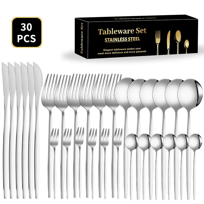 30-Piece Mirror-Polished Rounded Curve Stainless Steel Flatware Set - Durable Cutlery with Smooth Finish, Tableware, Kitchen Dishware Set for Elegant Family Dinners & Formal Events, , Fruit Forks, Kitchen Utensils, Dinnerware Service Set, T Kitchenware