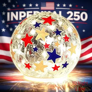 Patriotic Tri-Color Mesh Globe Star-Shaped Wireless Modern Round Night Light, Battery-Powered (Batteries Not Included) for Home Bedroom, Desktop & 4th of July Decor