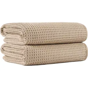2 Pieces Oversized Microfiber Waffle Bath Towels, Soft Absorbent Fast Drying Lint Free 430 GSM Beige