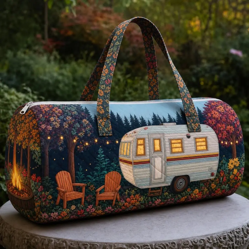 Printed Design - Not Textured - 2D Flat Print - Autumn Forest Camping RV Scenery Large Capacity Travel Bag, Forest-Themed Outdoor Illustration Carry-On Luggage, Lightweight and Wear-Resistant Short-Distance Gym Bag, Overnight Trip Bag