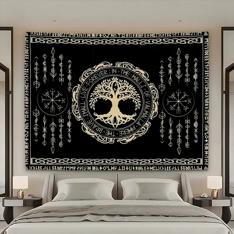 1 PC Nordic Viking Pattern Printed Decorative Tapestry, featuring the stunning Viking Life Tree design, Celtic runes, Scandinavian aesthetic mythological wall decoration, suitable for bedroom and living room decoration, Father's Day gift