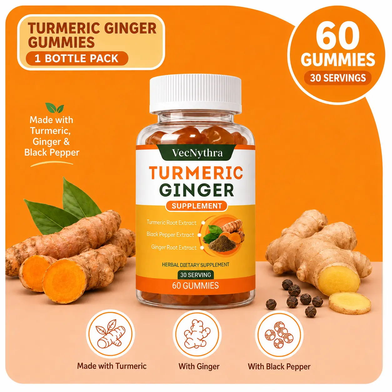 VecNythra Turmeric Ginger Gummies - Delicious Daily Wellness Support - With Black Pepper Extract - Joint Health Supplement