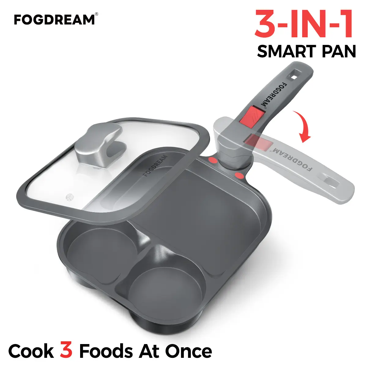 Fogdream Foldable Handle Nonstick Frying Pan with Lid, 360° Twist Handle Deep Skillet, Large Breakfast Pan for Eggs, Pancakes, Burgers & Steak, Space Saving, Dishwasher Safe, Easy to Clean
