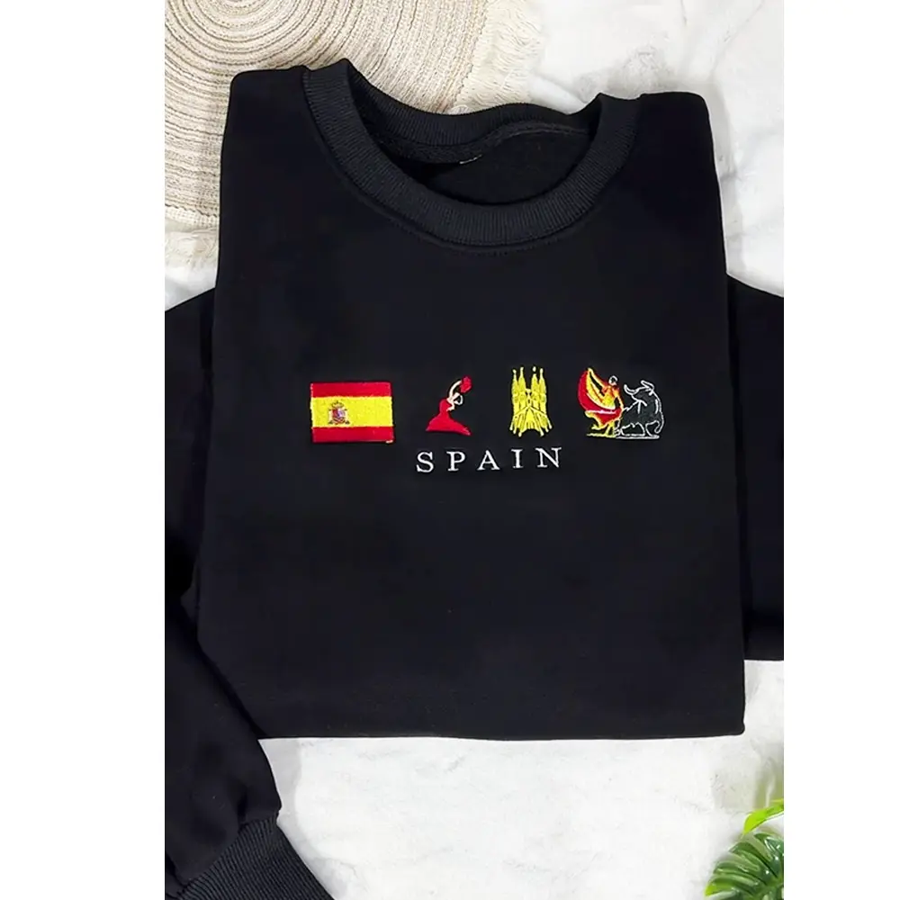 Spain Embroidered Sweatshirt – Spanish Flag Crewneck with Flamenco Dancer, Bull & Guitar Icons, Premium Cultural Streetwear