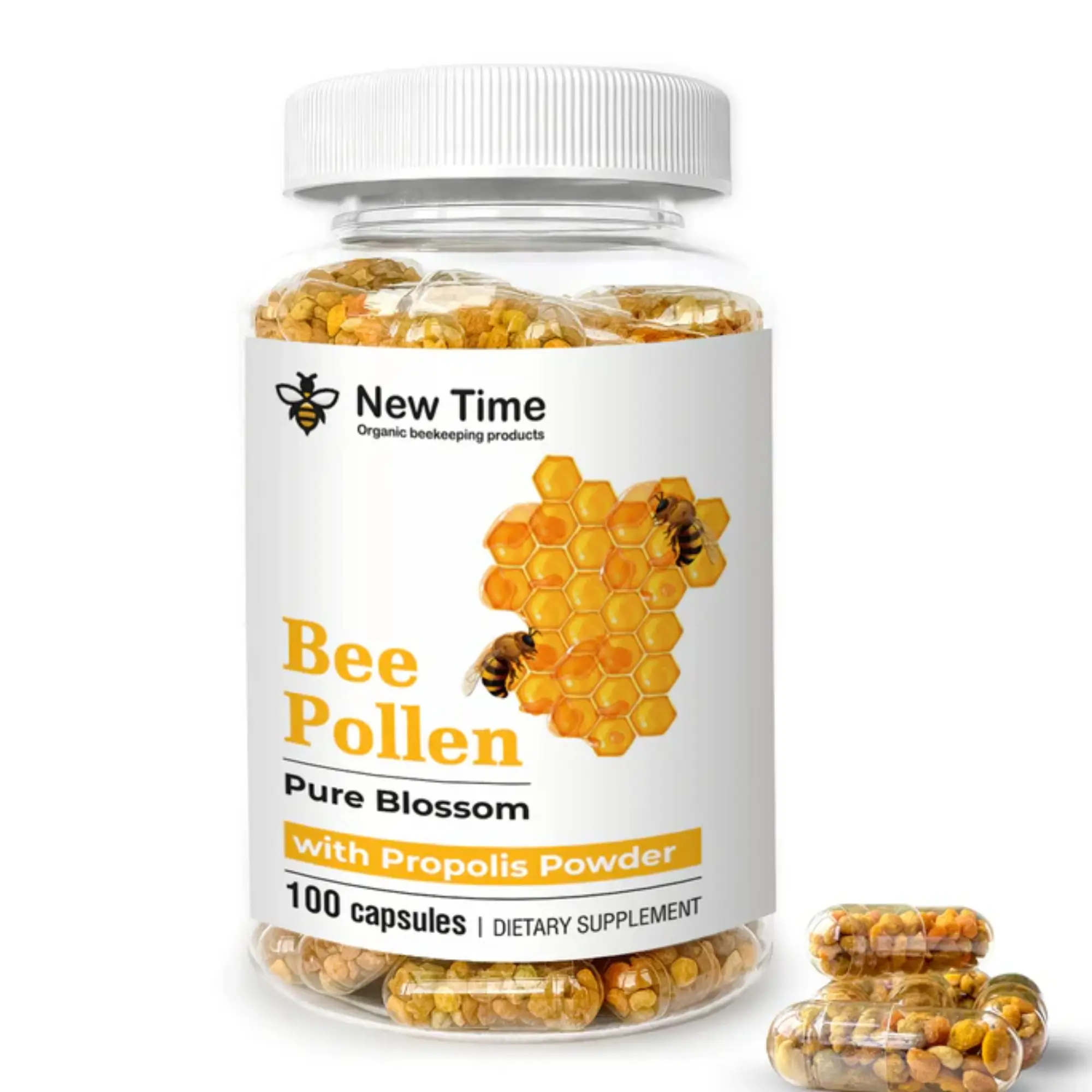 Bee Pollen with Propolis Powder, 100 Capsules, Organic Dietary Supplement