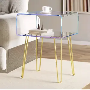 Acrylic End Table with Golden Metal Legs,Transparent Rainbow Coffee Table Nightstand Bedside Table for Bedroom, Living Room, Cafe, Home Decor, 18'' L x 15'' W x 23.3'' H