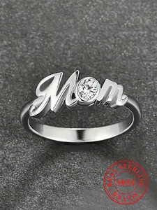 925 Sterling Silver Fashion Mom Letter Design Ring, Rhinestone Decor Ring for Women, Trendy All-match & Exquisite Jewelry for Birthday Gift, Statement Rings