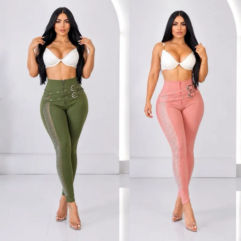 Women's Colombian High Waist Full Length Suplex Leggings - Chic, Elegant, Stylish, Comfortable, Premium Stretch Push Up Bottoms with Rhinestone Detail, 1 Size Fits S/M/L (1351)