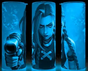 Glow in the Dark Jinx with Pow Pow Arcane League of Legends Anime with Stars Cup Mug Tumbler with Lid & Straw, Stainless Steel, Lightweight Design for Hydration - Reusable, Stylish
