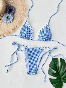Cute Ruffle Patchwork Mini Bikini, 2026 New Plaid Print Women's Two-Piece Swimsuit, Fashion Casual Vacation Beachwear, Patchwork Bikini Set, Patchwork Print Bikinis