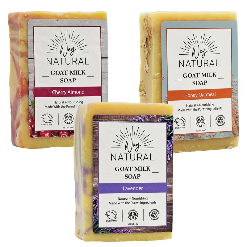 Cherry Almond Honey Oatmeal Lavender Goat Milk Soap | Way Natural | 3 Large 5 oz Bars | 100% REAL RAW GOAT MILK | Moisturizing Hand & Body Natural Soap | Nourishing and Long Lasting | Made is USA