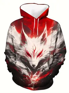 Novelty animal fox pattern design ink style men's kangaroo bag hooded sweater, warm and comfortable long-sleeved top in autumn and winter, daily casual street outdoor long-sleeved hoodie, Athletic Hoodie, Fashion Streetwear