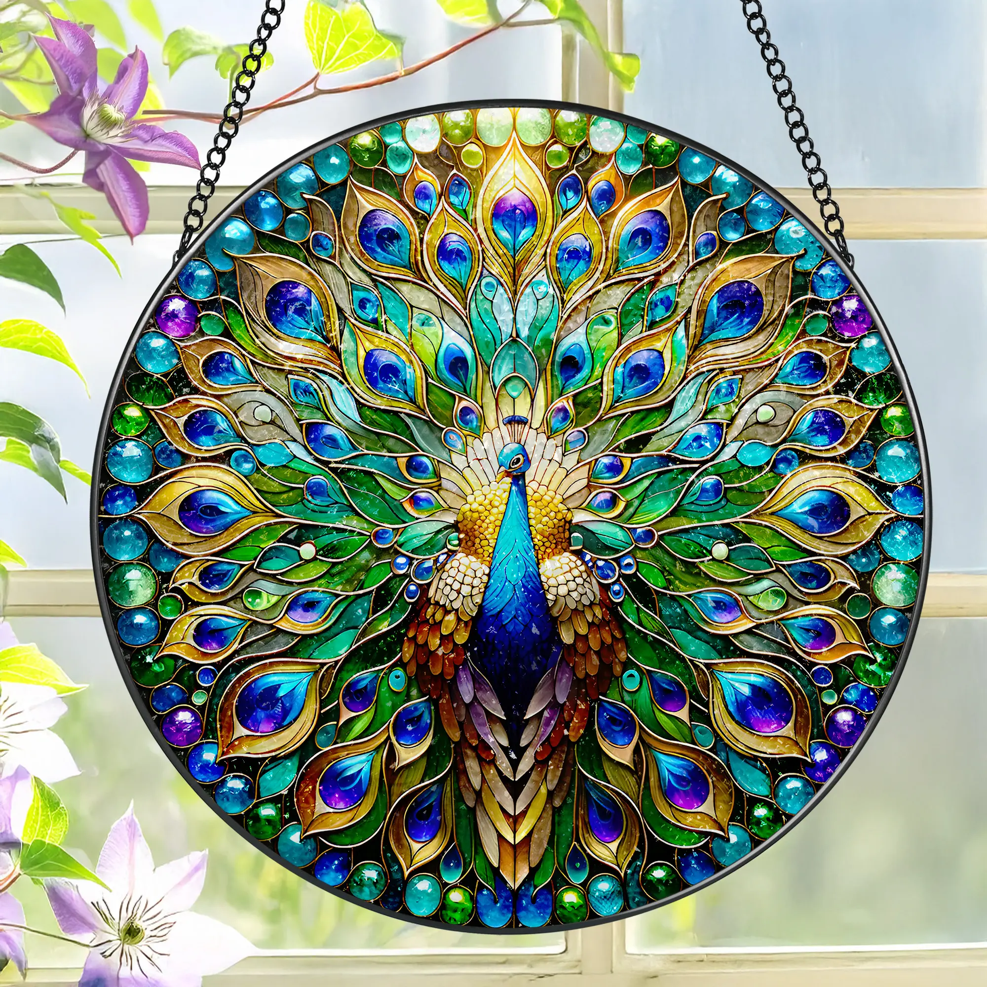 Stained Glass Window Hanging, 8'' Peacock Suncatcher, Stained Glass Ornament, Suncatchers for Windows Hanging, Window Decor, Outdoor or Indoor, Gifts for Women, Lovers, Couple, Friend, Bestie