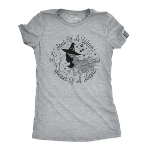 Womens Soul Of A Witch Heart Of A Hippie T Shirt Funny Halloween Tee Funny Womens T Shirts Cute Vintage Fashion Casual Ladies T-Shirt Gift Halloween Tops for Women Women's Novelty Tees Light Grey