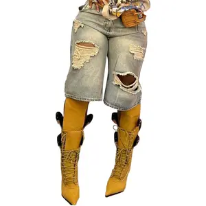 Women's Autumn Casual Ripped High Waist Wide Leg Jeans Bermuda Cargo Shorts Low-Rise Ruched Booty Shorts Retro Wide Leg Jeans with Pockets Pink Lace Ruffle Shorts