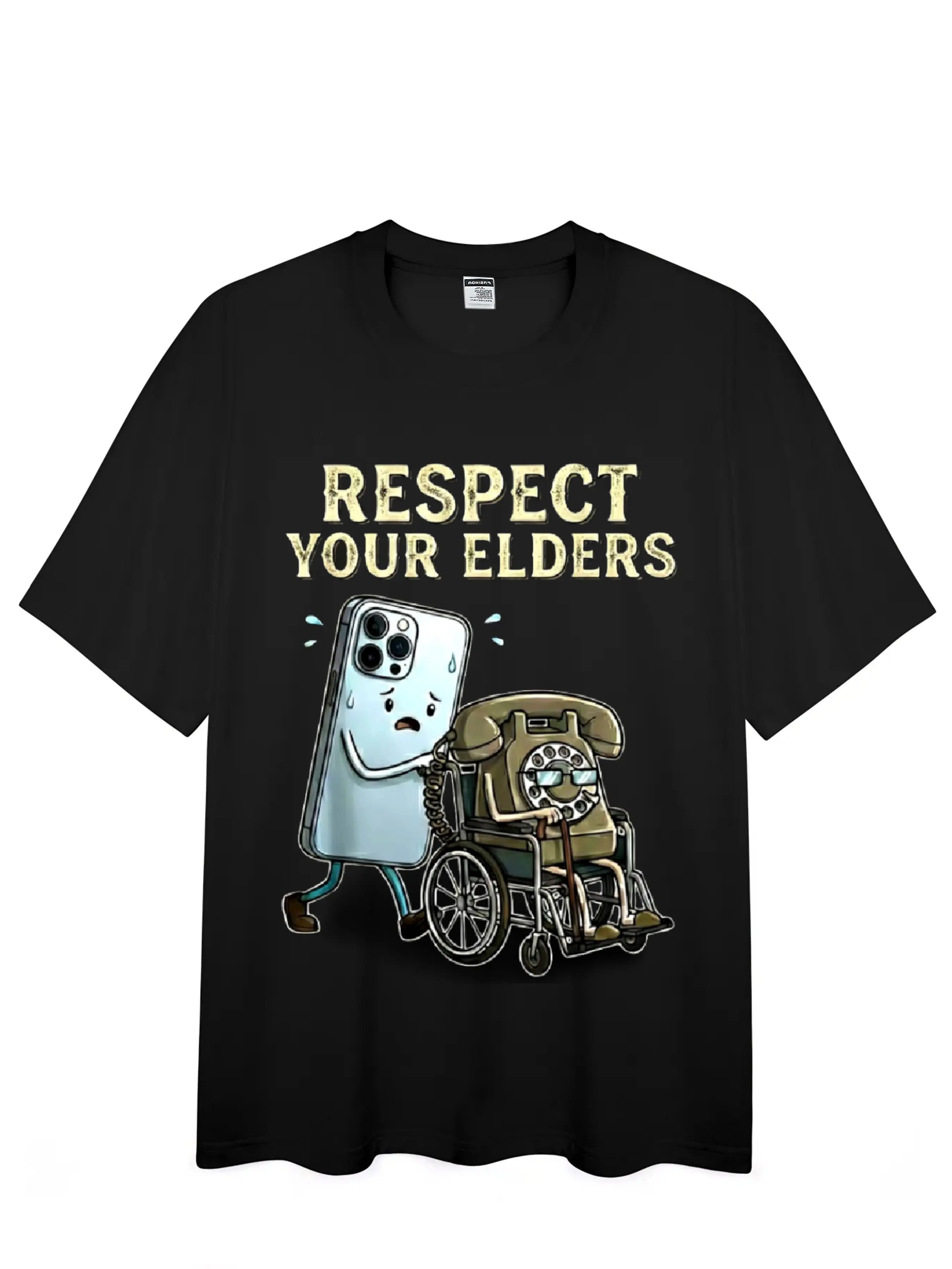 Unisex Menswear Classic Short-Sleeve Round Neck Soft Cotton Vintage Graphic T-Shirt - Casual Streetwear Top with "Respect Your Elders" Graphic Quote, Smartphone-Rotary Phone Design, Teddy Humor, Everyday Clothes