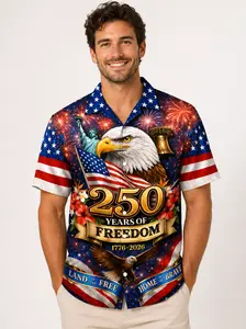Men's 250 Years of Freedom Patriotic Hawaiian Shirt, USA Flag Eagle Button Down, 1776-2026 America 250 Short Sleeve Summer Beach Party 4th of July Outfit