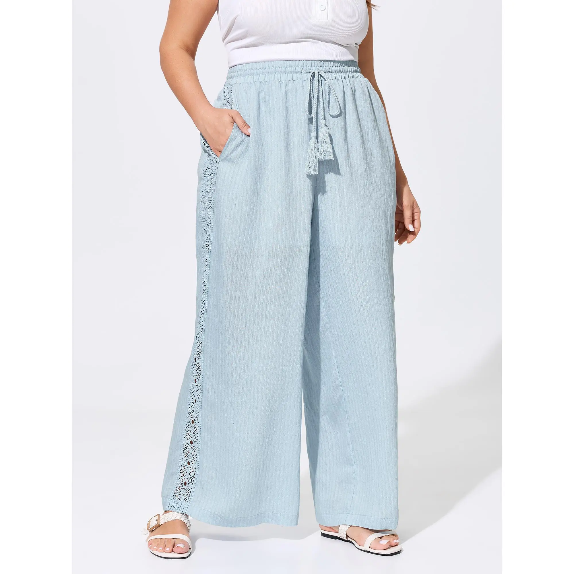 BloomChic Plus Size Smooth Linen Blend Pants, Boho Solid Mid Rise Bottoms with Drawstring Waist and Patchwork Side Pockets, Polyester,Summerfinds, Garment, Nylon, Fit, Fabric, Curvy Clothing, Rayon Blend, Comfy Pants, Belt, Plus Size Basics, Boho Side Det