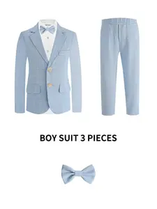 Boys Light Blue Plaid 3 Piece Set Suits, Blazer + Trousers + Matching Plaid Bow Tie, Fresh Teen Style, Instant Gentleman Vibes for Grad Photos & School Shows, No Shirt Included--21706