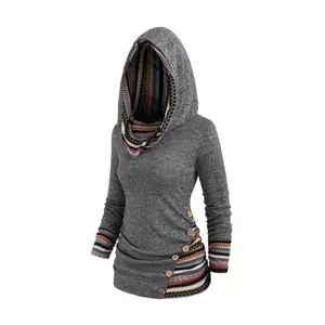 Women's Patchwork Ethnic Pattern Fake Buttons Decor Hoodie, Boho Fashion Long Sleeve Hooded Sweatshirt for Fall & Winter, Women's Clothes for Daily Wear, Going out Tops 2000s