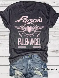 Women's Poison Fallen Angel Print Round Neck Fitted Tee, Fashion Casual Short Sleeve T-shirt for Daily Wear Everyday, Ladies Summer Clothes, Top, Womenswear