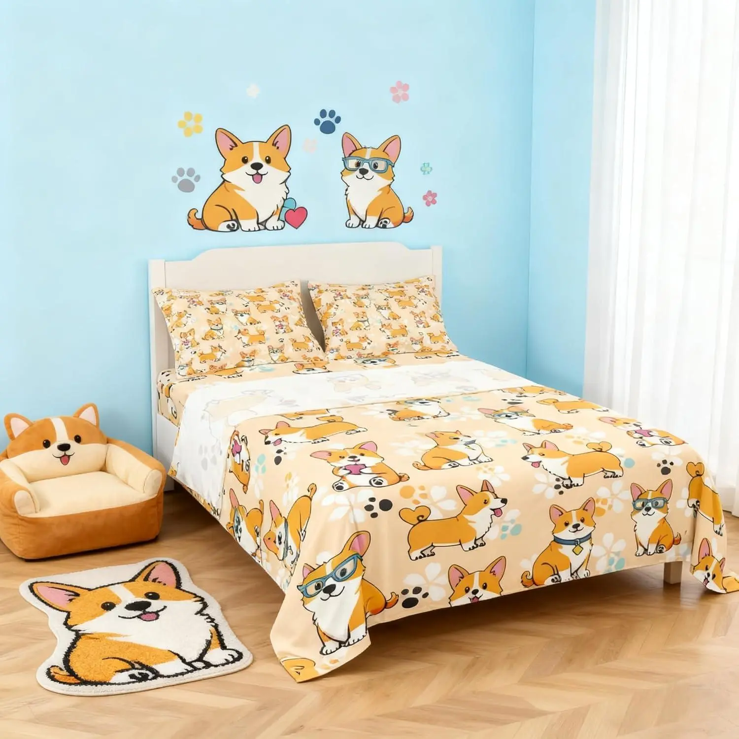 Cute Corgi Sheet Set,Cartoon Dog Paw Bedding Set for Kids Teens Girls Boys,Smiling Dog Kawaii Yellow Bed Sheet Set with Deep Pocket Fitted Sheet + Flat Sheet