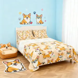 Cute Corgi Sheet Set,Cartoon Dog Paw Bedding Set for Kids Teens Girls Boys,Smiling Dog Kawaii Yellow Bed Sheet Set with Deep Pocket Fitted Sheet + Flat Sheet