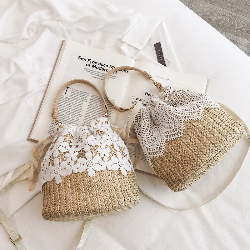 Fresh Straw Woven Bucket Bag Small Bag Summer New Fairy Rattan Beach Vacation Handbag Crossbody Bag