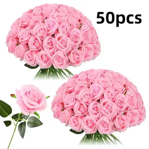 SummerVibes 50pcs Artificial Silk Roses Bulk, Fake Roses with Stems, Realistic Decorative Flowers for Wedding Centerpiece, Home Party Decor Valentine's Day,Mother's Day,Anniversaries,Thanksgiving, Plastic Faux Flowers