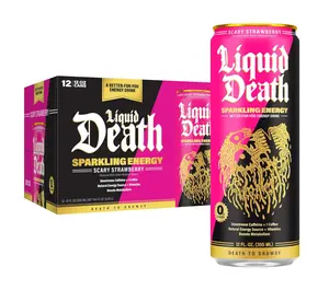 Liquid Death Sparkling Energy - Scary Strawberry, Sugar-Free Energy Drink, Unextreme Caffeine 100mg, Essential Vitamins, 12 Fl Oz (Pack of 12)