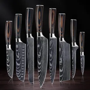 Complete 8-Piece Kitchen Knife Set with Damascus Pattern - Japanese Chef Knife Set with Smooth Wooden Handles - Ultra Sharp for Fast Cutting - Senken Knives 'Imperial' Collection