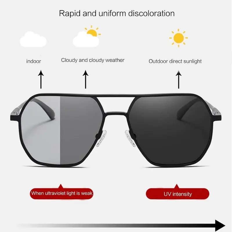 Smart Color Changing Double Bridge Sunglasses, Black Metal Photochromic Lens for Day Night Driving, Outdoor Fishing & Daily Office