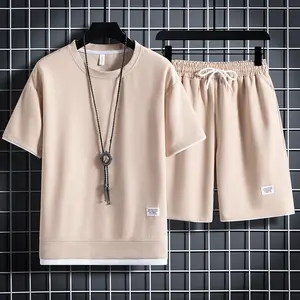2025 Fashionable streetwear outfits Summer Men's Waffle Sets Casual T-Shirt And Shorts Set Male Sports Suit Solid Color Tracksuit Loose Suits