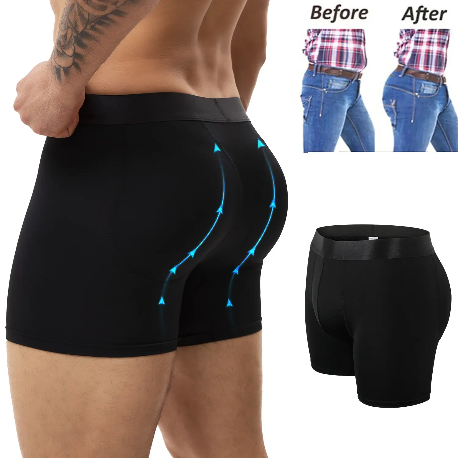 1/2/3/4 Pack Menswear Butt Lifter Padded Underwear  Boxer Briefs Hips Enhance Shorts Body Shaper Shapewear Breathable Lightweight Comfortable Stretchy Trunk Fabric Spandex Lingerie Plain