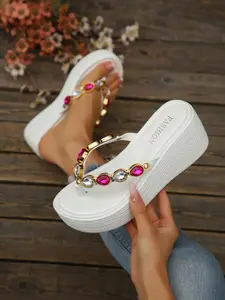 Women's Thick Sole Sandals Summer Outdoor Wear, Maroon Rhinestone Decorated Wedge Slippers, Height Increasing Fake Shoes