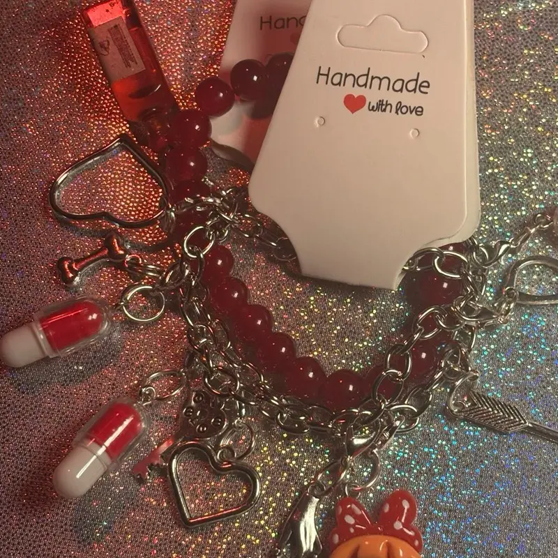 Handmade Red Junk Charm Bracelet with Red Beaded Bracelets - Handcrafted Jewelry with Love