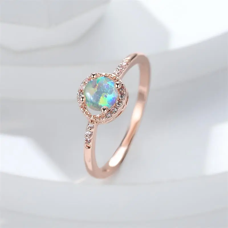 Simple Rainbow Birthstone Blue Fire Opal Rings For Women Rose Gold Color Round Ring Wedding Bands Stacking Thin Ring Jewelry