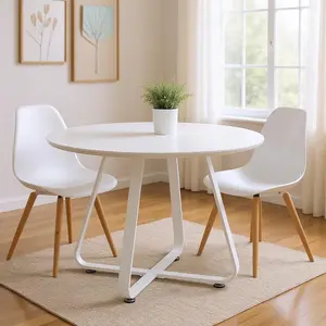 360 Stand Contemporary Round Top Dining Table - 30x43x43 in, 43" Diameter, White Wood & Metal Sled Base Legs, Gloss Finish, Contemporary Home Decor, Seats 6