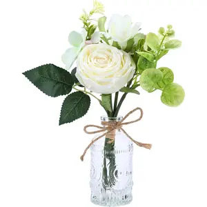 Faux White Silk Flower Arrangements - Centerpiece Table White Rose Flower Bouquet in Small Vase Set for Home Indoor Dining Room Wedding Centerpieces Coffee Table