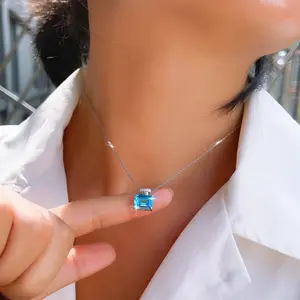 925 Sterling Silver Emerald Cut Sea Blue Gem Pendant Necklace, Designed for Women, Suitable for Weddings, Birthday Parties, Dates, and Anniversaries